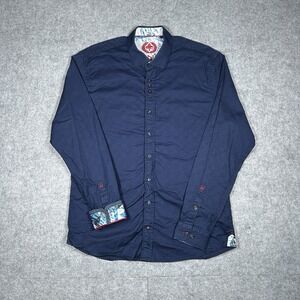 AU NOIR Button Down Shirt Men's Size 4 Large Blue Print Flip Cuff Cotton Preppy